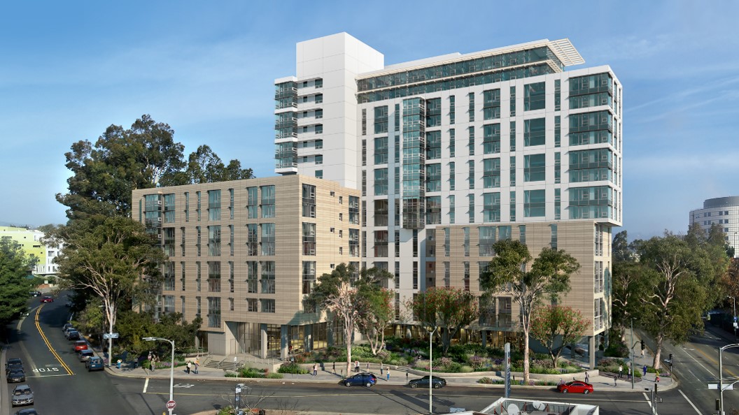 architectural rendering of the new LeConte Apartments building project at UCLA, facing north